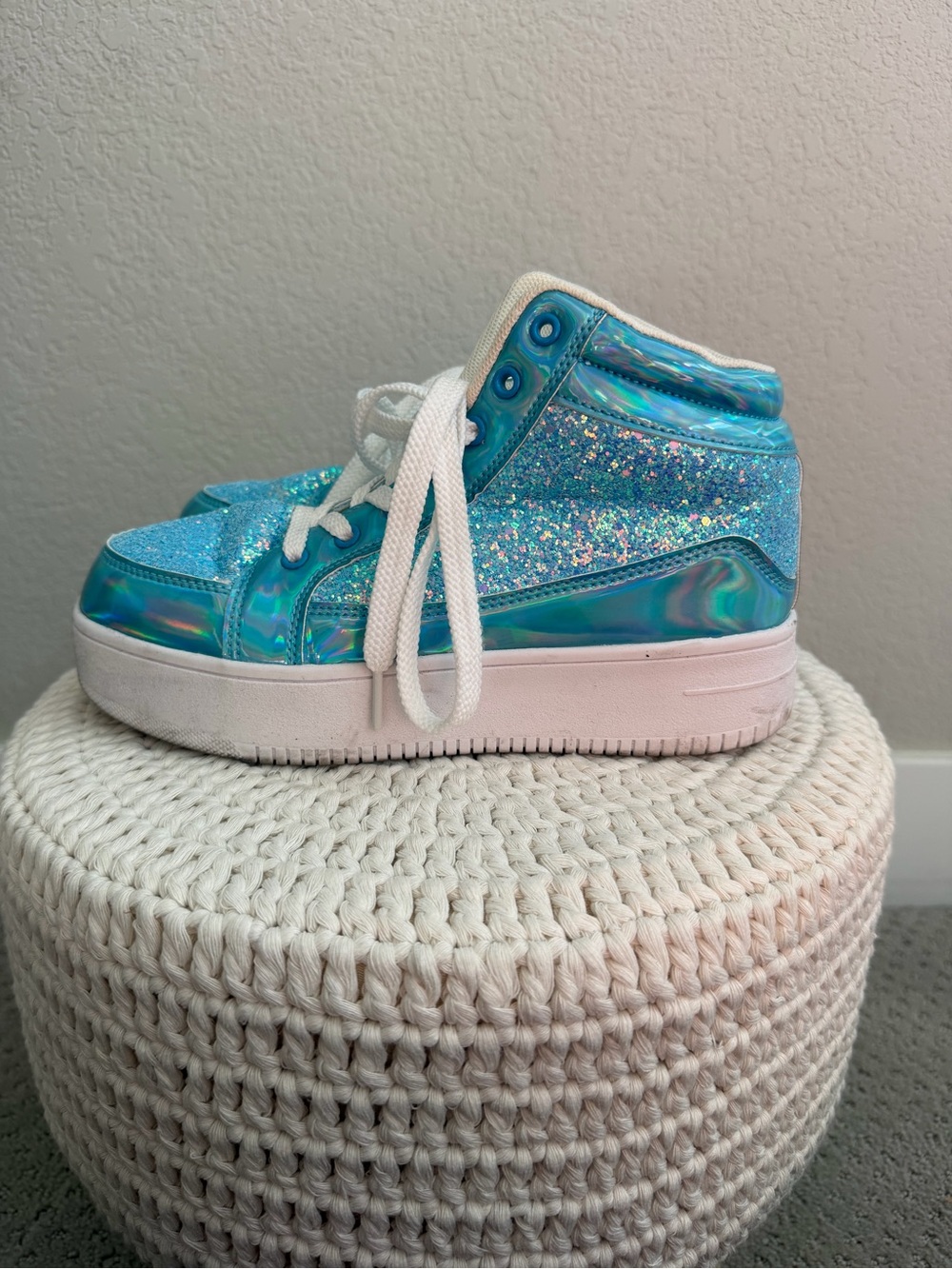 Iridescent Blue Glitter High-Top Women’s Sneakers
